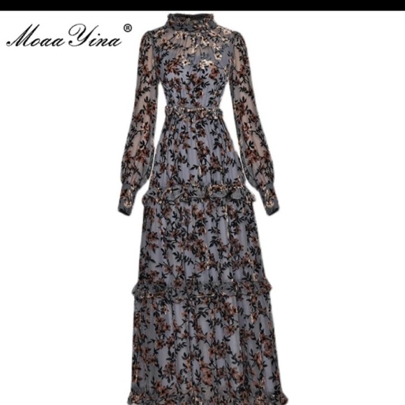 NEW!!! Mesh Dresses Women's Sleeve Flocking Print Vintage Long Party Dress - Picture 2 of 8